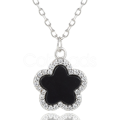 S925 Silver Black Agate Flower Pendant Necklaces FY9734-3-1