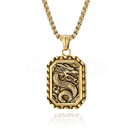 Retro Chinese Style Dragon-Shaped Titanium Steel Pendant Box Chain Necklaces PW-WGA2FFF-02-1