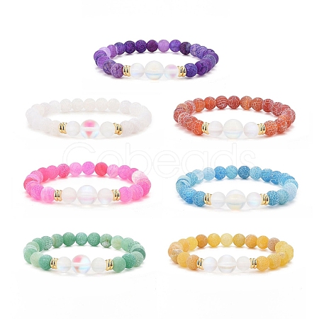 7Pcs 7 Color Natural Weathered Agate(Dyed) & Synthetic Moonstone Round Beaded Stretch Bracelets Set BJEW-JB09124-1