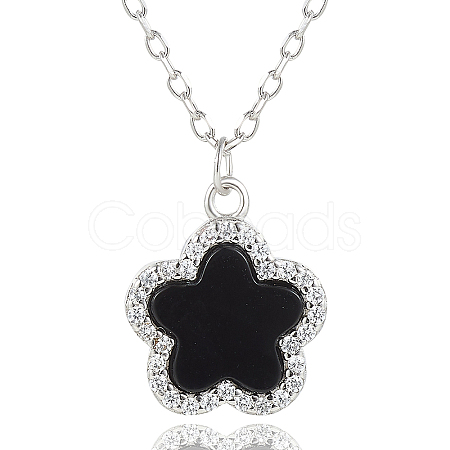 S925 Silver Black Agate Flower Pendant Necklaces FY9734-3-1
