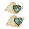 Rack Plating Brass Micro Pave Clear Cubic Zirconia Connector Charms, Double Heart Links with Synthetic Opal, Real 18K Gold Plated, Cadmium Free & Lead Free, Long-Lasting Plated, Black, 15.5x23x2mm, Hole: 1.2mm