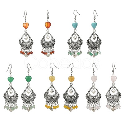 Natural & Synthetic Mixed Gemstone Heart Chandelier Earrings EJEW-JE05364-1