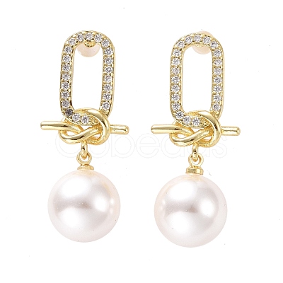 Clear Cubic Zirconia Oval with Knot Dangle Stud Earrings with Plastic Pearl EJEW-A072-01LG-1