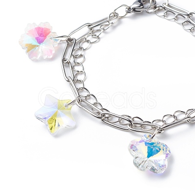 Colorful Rhinestone Flower & Star & Leaf & Cross Charms Multi-strand Bracelet BJEW-JB08703-1