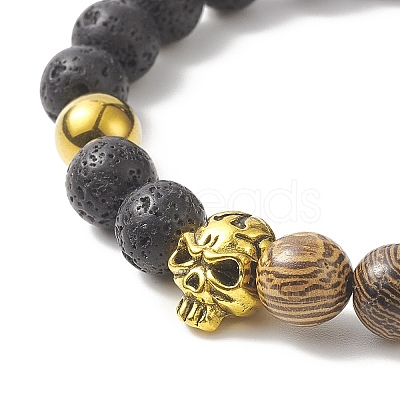 Natural Wenge Wood & Lava Rock Beaded Stretch Bracelet Sets with Synthetic Hematite Beads BJEW-JB09213-1