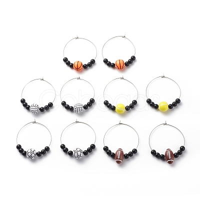 Sport Theme Acrylic Round Beaded Hoop Earrings EJEW-JE04977-1