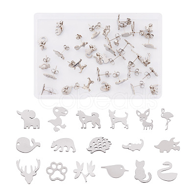 Crafans 16 Pairs 16 Style Crocodiles & Dog & Swan & Hedgehog & Dinosaur & Bird 304 Stainless Steel Stud Earrings EJEW-CF0001-02P-1