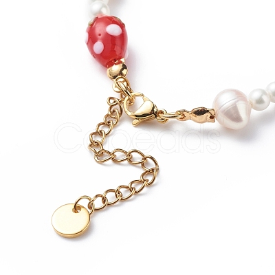 3D Lampwork Strawberry & Shell Pearl Beaded Bracelet for Women BJEW-TA00174-1