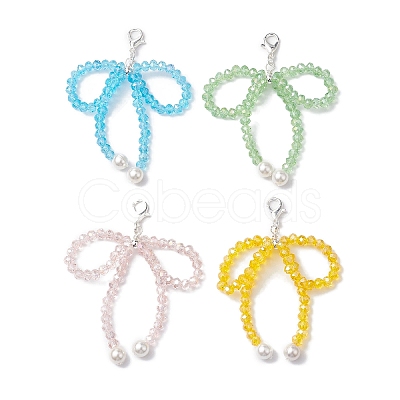 4Pcs Bowknot Shell Pearl & Glass Pendant Decorations HJEW-TA00201-1