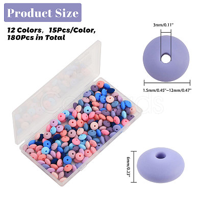 CHGCRAFT 180Pcs 12 Colors Rondelle Food Grade Eco-Friendly Silicone Abacus Beads SIL-CA0003-18-1