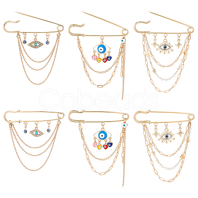 Nbeads 6Pcs 3 Style Evil Eye Shape Alloy Safety Pin Broochs Sets JEWB-NB0001-21G-1