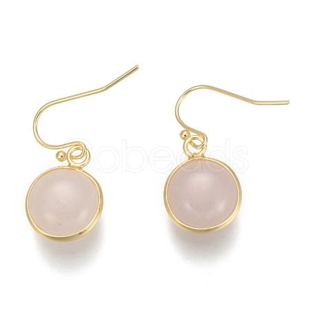 Flat Round Golden Tone Brass Natural Rose Quartz Dangle Earrings EJEW-M059-07-1