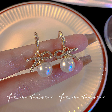 Bowknot Ball Stainless Steel Crystal Rhinetone & Imitation Pearl Dangle Earrings for Women VN2665-1-1