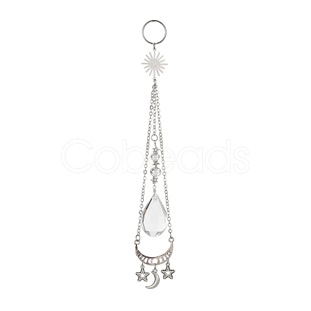Moon & Sun & Star Alloy & Brass with Glass Teardrop Hanging Pendant Decorations HJEW-JM01302-1