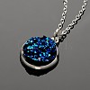 Silver Color Plated Flat Round Brass Druzy Resin Pendant Necklaces NJEW-JN01163-3