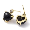 Heart Natural Black Agate Dangle Stud Earrings with Cubic Zirconia EJEW-B027-23G-2