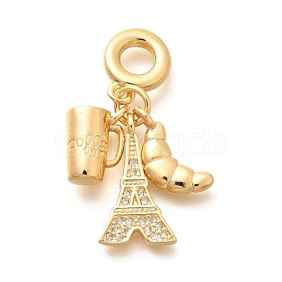 Brass Clear Cubic Zirconia Croissant & Cup & Eiffel Tower European Dangle Charms KK-U048-20G-1