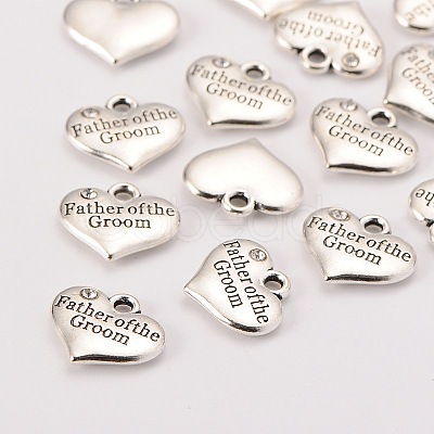 Wedding Theme Antique Silver Tone Tibetan Style Heart with Father of the Groom Rhinestone Charms X-TIBEP-N005-13D-1