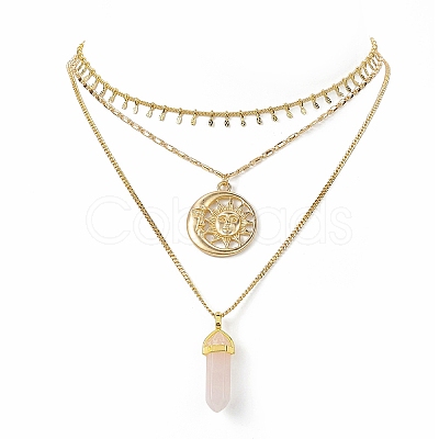 3Pcs 3 Style Natural Rose Quartz Bullet & Alloy Sun Pendant Necklaces Set with Brass Curb Chains for Women NJEW-JN04170-1