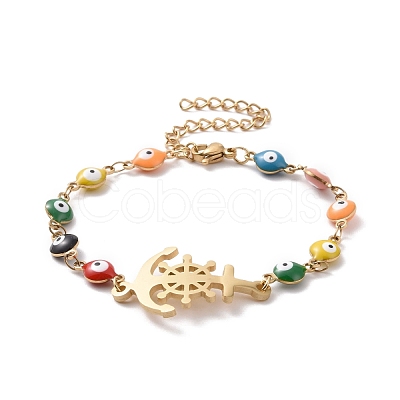 PVD Vacuum Plating 304 Stainless Steel Link Bracelet with Colorful Enamel Evil Eye Chains for Women BJEW-B062-01G-1