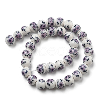 Handmade Flower Printed Porcelain Ceramic Beads Strands PORC-M007-10mm-05-1