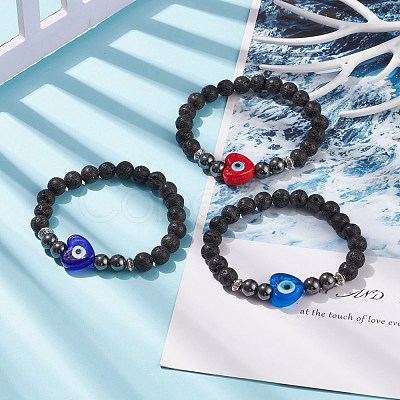 3Pcs 3 Color Natural Lava Rock & Synthetic Hematite Stretch Bracelets Set BJEW-JB08323-1