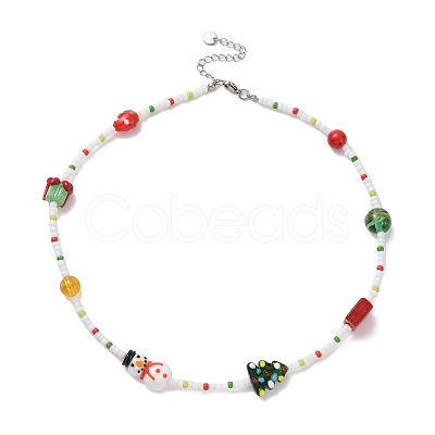 Natural Quartz Crystal & Dyed Mashan Jade & Lampwork Beaded Necklace NJEW-TA00075-1