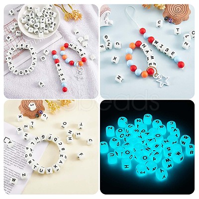 20Pcs Luminous Cube Letter Silicone Beads 12x12x12mm Square Dice Alphabet Beads with 2mm Hole Spacer Loose Letter Beads for Bracelet Necklace Jewelry Making JX437K-1