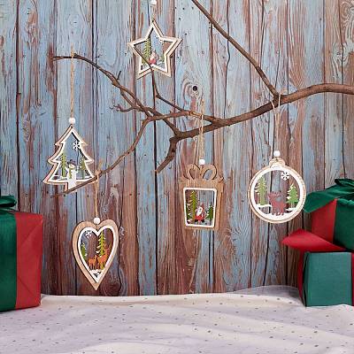 10Pcs 5 Style Wooden Hanging Ornaments sgWOOD-SZ0004-04-1