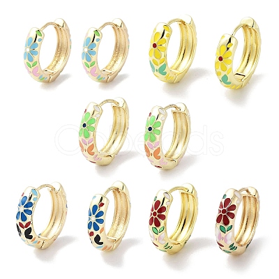 Real 18K Gold Plated Brass Enamel Flower Print Hoop Earrings for Women EJEW-L269-115G-1