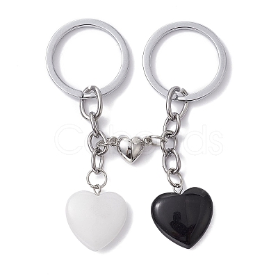 Natural Black Stone & Natural White Jade Heart Keychains KEYC-JKC00548-1