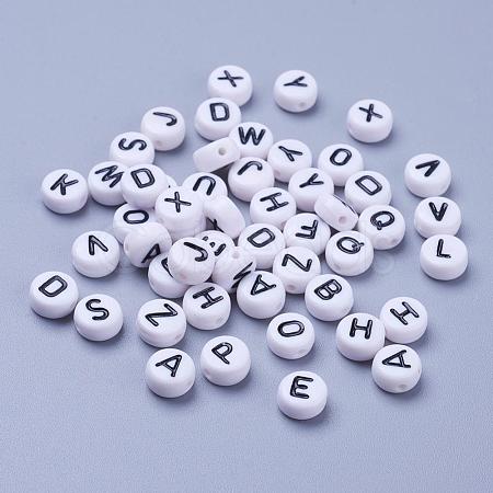 White Chunky Letter Acrylic Flat Round Beads for Kids Jewelry X-OACR-E001-19-1