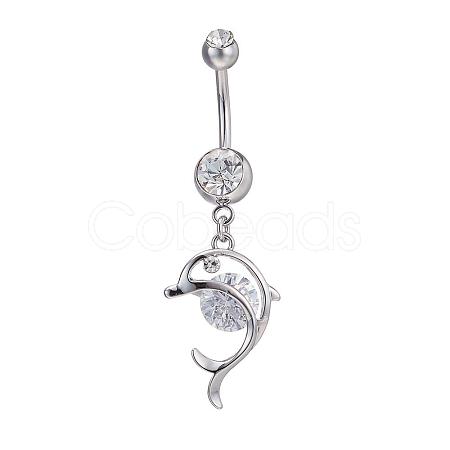 Piercing Jewelry Real Platinum Plated Brass Rhinestone Dolphin Navel Ring Belly Rings AJEW-EE0001-63-1