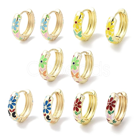 Real 18K Gold Plated Brass Enamel Flower Print Hoop Earrings for Women EJEW-L269-115G-1