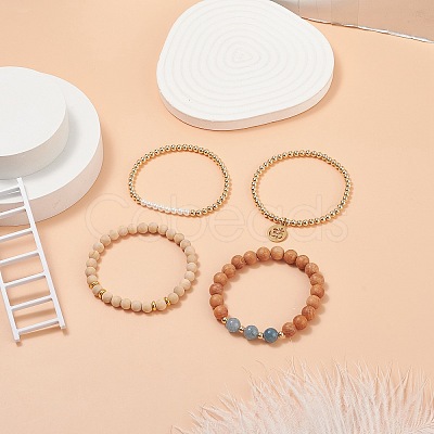 4Pcs 4 Style Natural Wood & Quartz(Dyed) & Shell Pearl Stretch Bracelets BJEW-JB08822-1