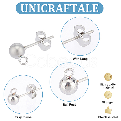 Unicraftale 100Pcs 304 Stainless Steel Ball Post Stud Earring Findings STAS-UN0056-39-1