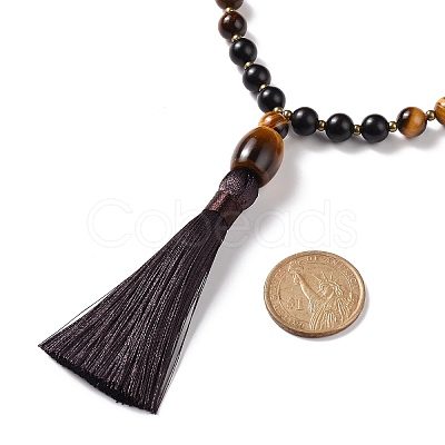 Wood & Tiger Eye Beads Wrap Necklaces NJEW-JN04135-1