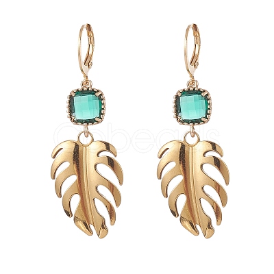 201 Stainless Steel Monstera Leaf Dangle Leverback Earrings with Green Glass EJEW-TA00191-1