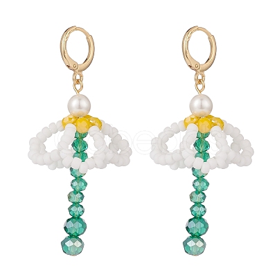 Shell Pearl & Glass Braided Flower with Long Tassel Dangle Leverback Earrings EJEW-TA00122-1