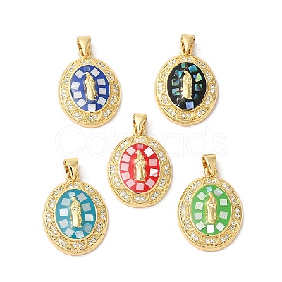 Oval with Virgin Mary Brass Micro Pave Clear Cubic Zirconia Pendants KK-K385-030G-1