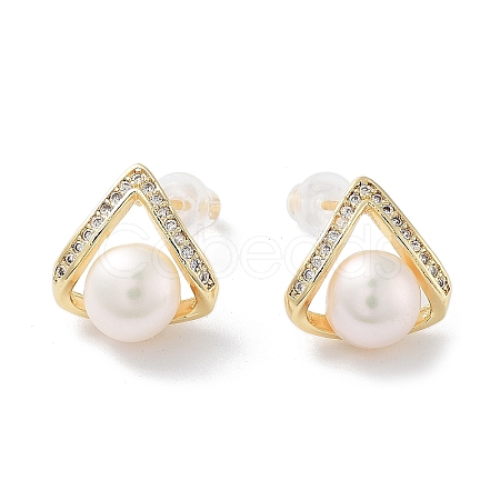 Triangle Natural Pearl Ear Studs with Brass Micro Pave Cubic Zirconia and 925 Sterling Silver Pins EJEW-P256-85G-1