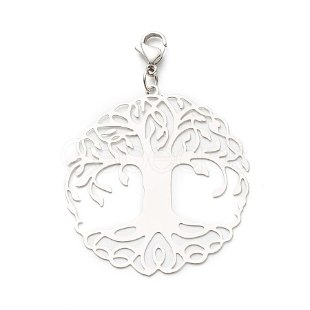 Flat Round with Tree of Life 201 Stainless Steel Filigree Pendant Decorations X-HJEW-JM00573-03-1
