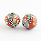 Handmade Indonesia Beads, with Jonquil Rhinestones and Alloy Cores, Round, Antique Silver, Red, 14~16x14~16mm, Hole: 1.5mm