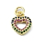 Brass Micro Pave Colorful Cubic Zirconia Pendants, with Jump Ring, Heart Charm, Real 18K Gold Plated, 12x9.5x2.5mm, Hole: 3mm