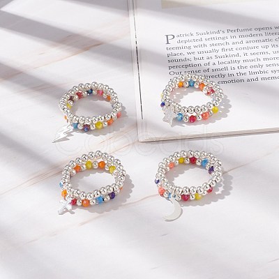 2Pcs 2 Style Glass & Brass Beaded Stretch Finger Rings with Charms for Women RJEW-JR00480-1