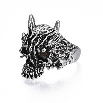 Gothic Punk Skull Alloy Open Cuff Ring for Men Women RJEW-T009-60AS-1