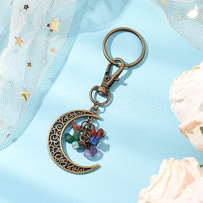 Chakra Theme Moon Natural Red Jasper & Howlite & Tiger Eye & Carnelian & Green Aventurine & Lapis Lazuli & Amethyst Chip Keychain KEYC-JKC00963-02-1