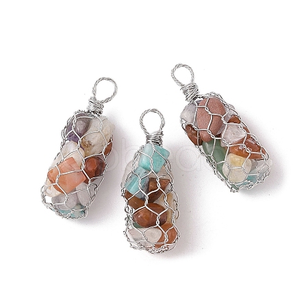 Rack Plating Copper Wire Wrapped Natural Mixed Stone Chip Big Pendants G-C130-01P-09-1
