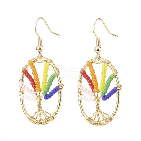 Oval with Tree of Life Glass Seed Braided Dangle Earrings EJEW-JE04874-02-1