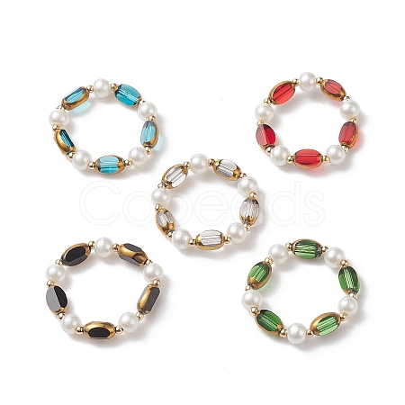 Glass Edge Plated Oval & Imitation Pearl Beaded Stretch Rings RJEW-JR00547-1